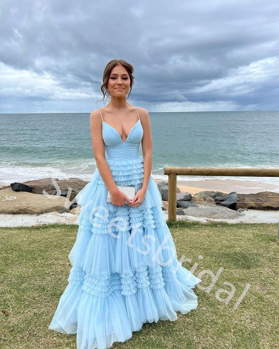 Blue Elegant V-neck Sleeveless A-line Long Prom Dress,SW2022