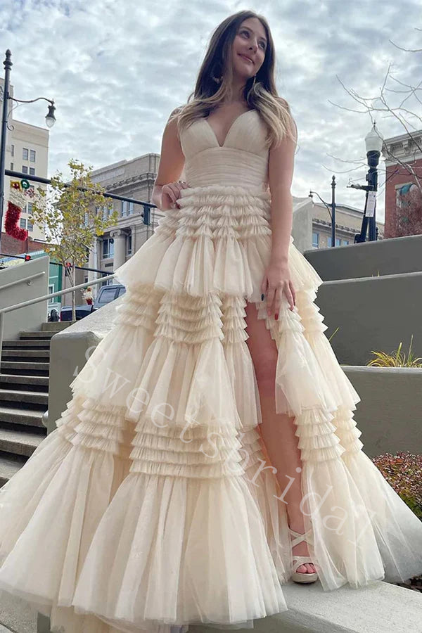 Elegant V-neck Sleeveless Side slit A-line Long Prom Dress,SW2037