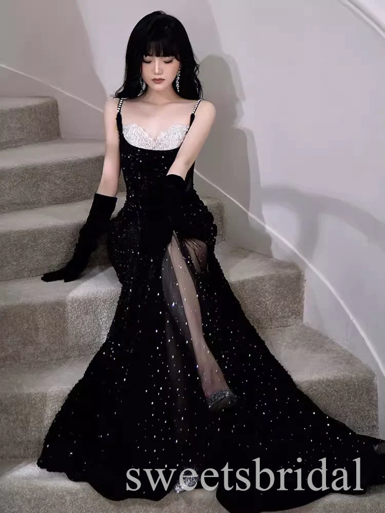 Black Shiny Sweetheart Side Slit Mermaid Floor Length Prom Dress,SWS2523