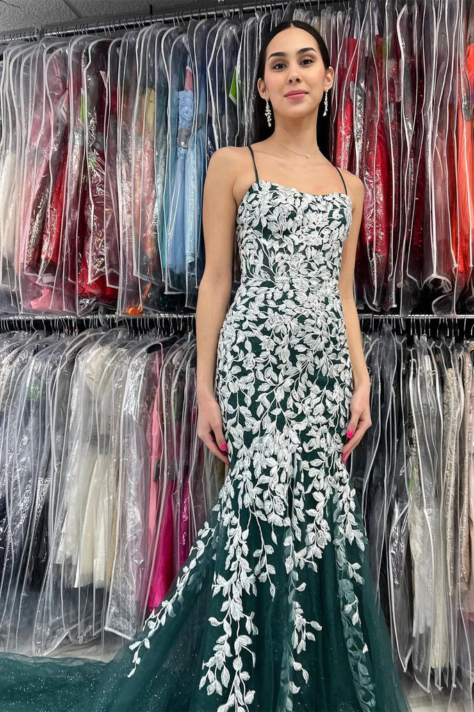 Dark Green Lace Applique Sleeveless Mermaid Floor Length Prom Dress,SWS2246