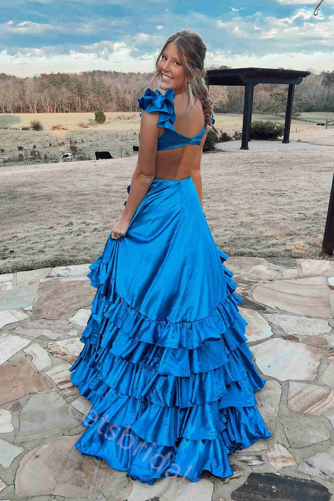 Sexy V-neck Ruffle Sleeveless A-line Long Prom Dress,SWS2131