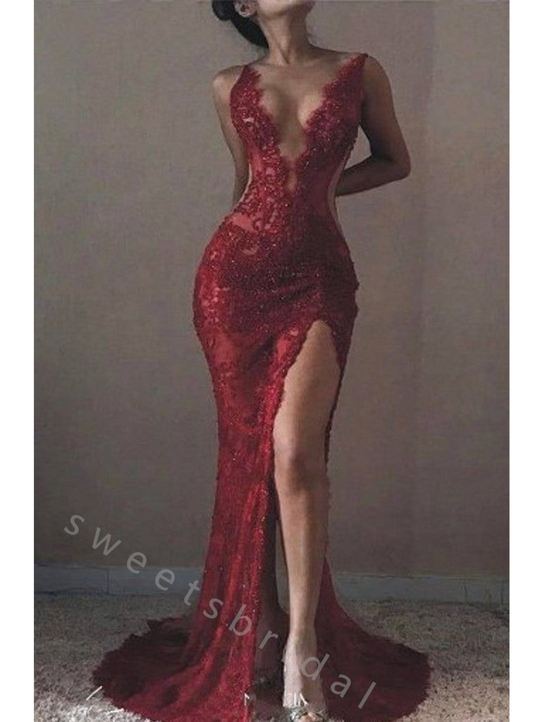 Sexy V-neck Sleeveless Side slit Mermaid Long Prom Dress,SWS2088