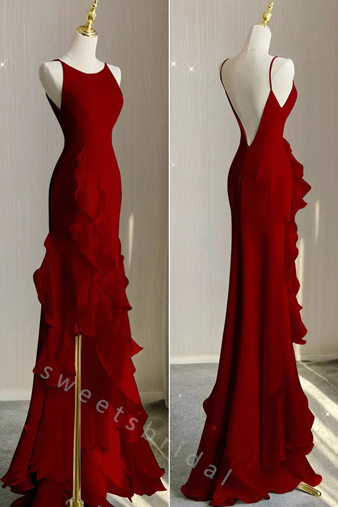 Elegant Scoop Sleeveless Ruffle Mermaid Long Prom Dress,SWS2097