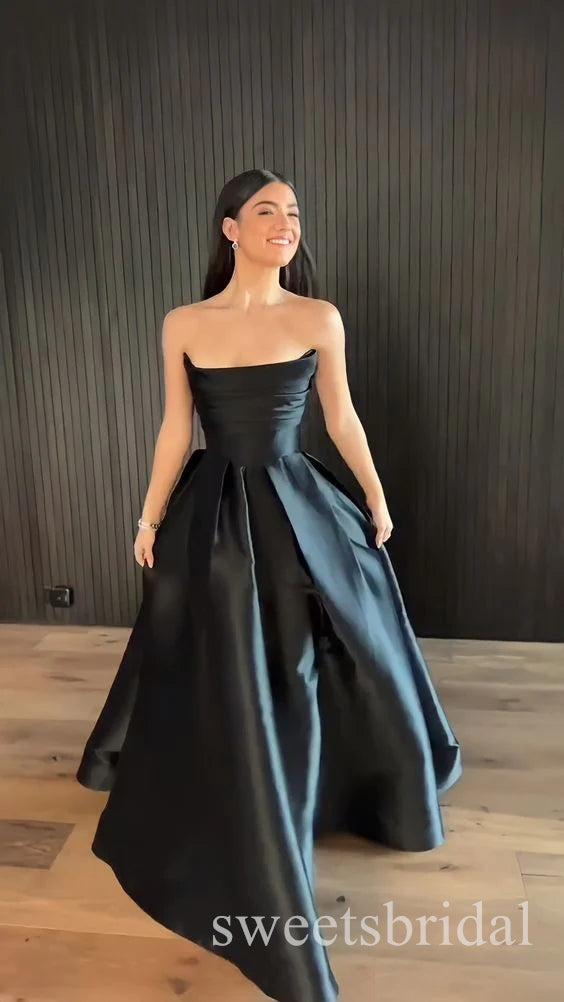 Black Elegant Strapless Sleeveless A-line Long Prom Dress,SWS2507