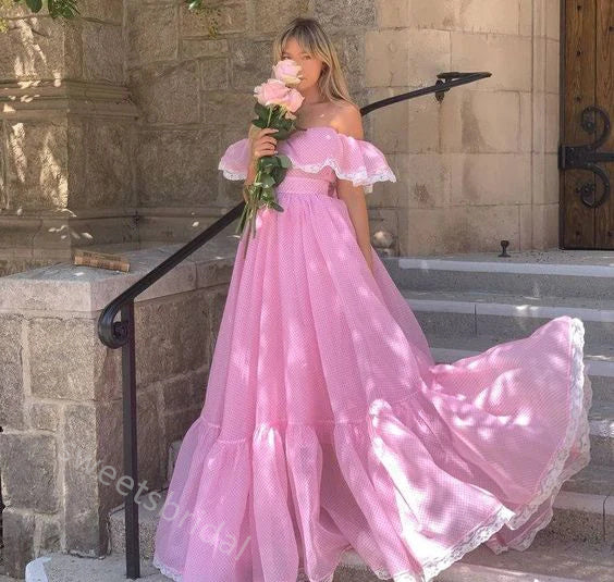 Pink Off Shoulder Sleeveless A-line Long Floor Length Prom Dress,SWS2369