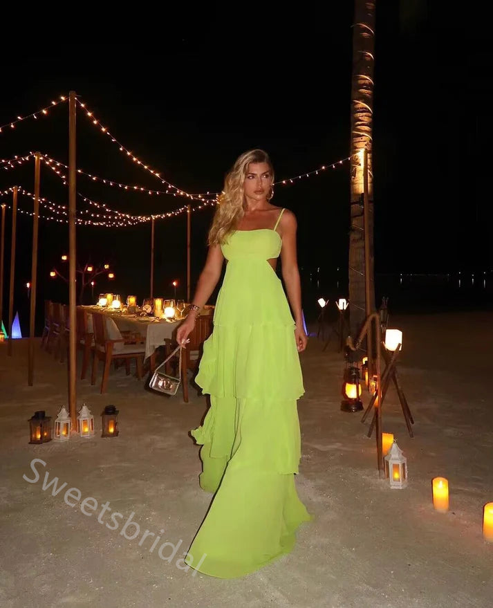 Moss Ruffle Sleeveless A-line Long Floor Length Prom Dress,SWS2339