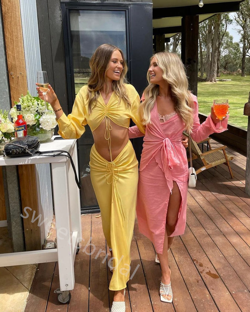 Yellow Sexy Long Sleeves Sheath Floor Length Prom Dress,SWS2257