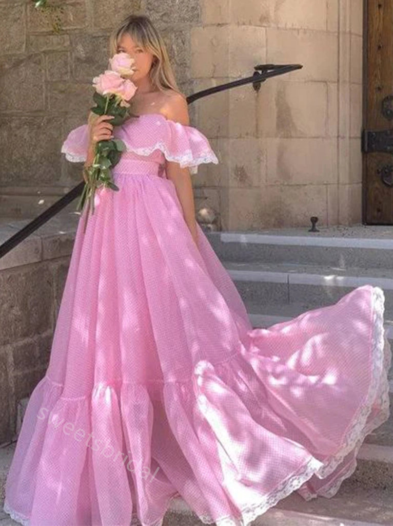 Pink Off Shoulder Sleeveless A-line Long Floor Length Prom Dress,SWS2369