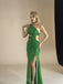 Green One Shoulder Sleeveless Side Slit Mermaid Floor Length Prom Dress,SWS2395