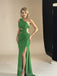 Green One Shoulder Sleeveless Side Slit Mermaid Floor Length Prom Dress,SWS2395
