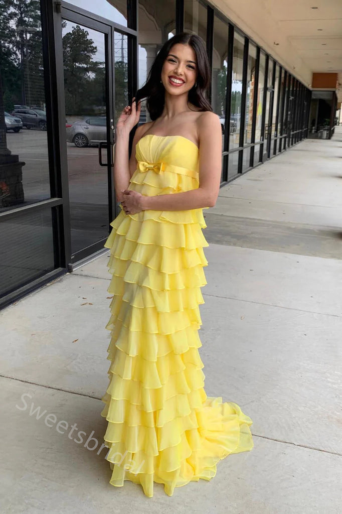 Yellow Ruffle Sleeveless A-line Long Floor Length Prom Dress,SWS2340