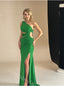 Green One Shoulder Sleeveless Side Slit Mermaid Floor Length Prom Dress,SWS2395