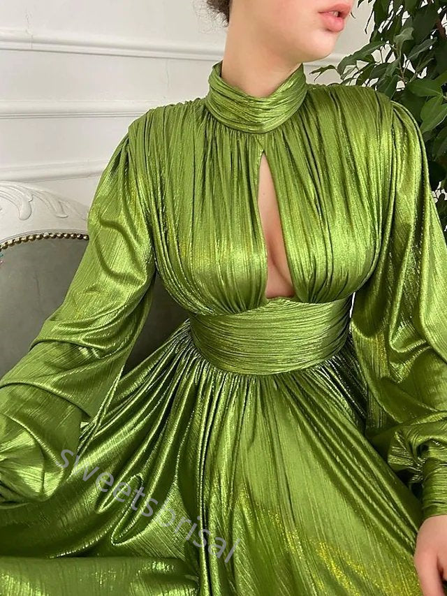 Moss Green Long Sleeves Side Slit A-line Floor Length Prom Dress,SWS2214
