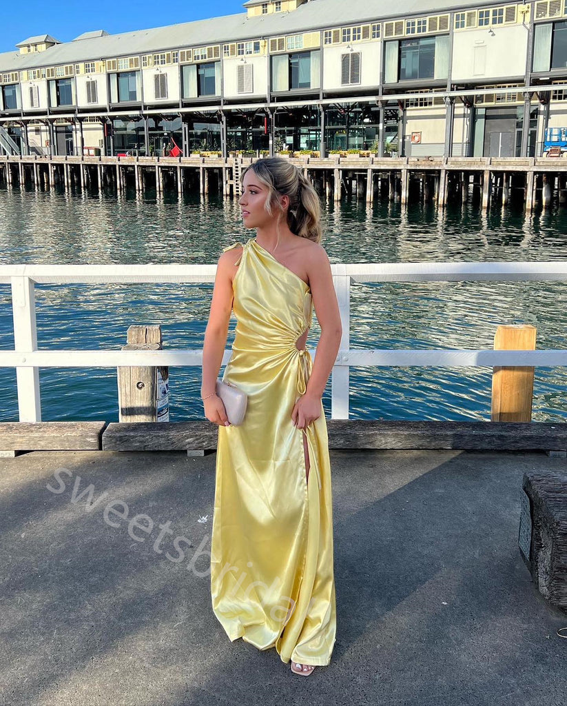 Yellow Ones Shoulder Sleeveless Side Slit Floor Length Prom Dress,SWS2262