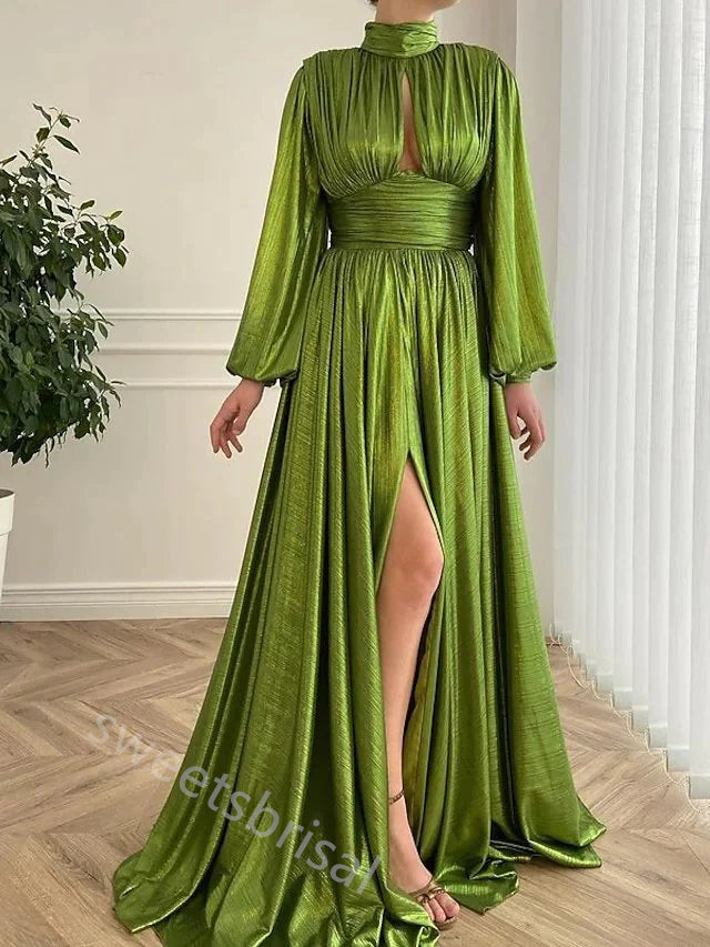 Moss Green Long Sleeves Side Slit A-line Floor Length Prom Dress,SWS2214