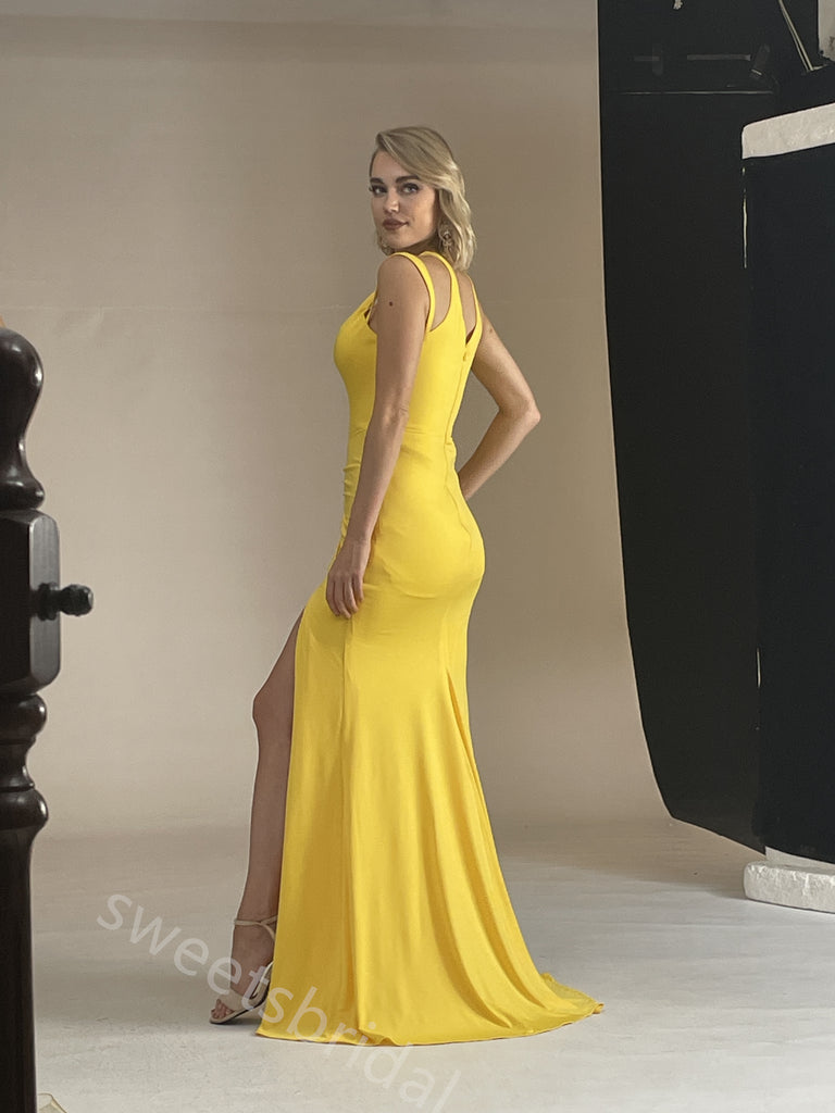 Yellow Halter Sleeveless Side Slit Mermaid Floor Length Prom Dress,SWS2394