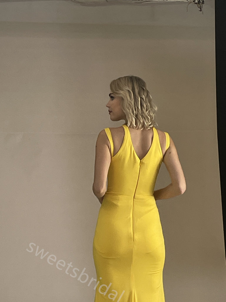 Yellow Halter Sleeveless Side Slit Mermaid Floor Length Prom Dress,SWS2394