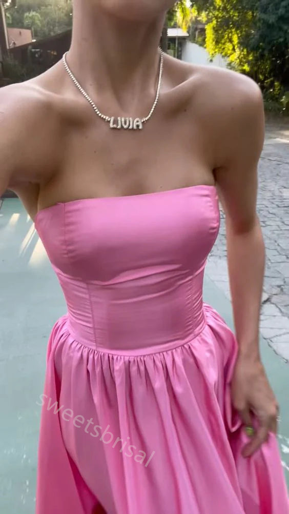 Gummy Pink  Strapless Side Slit A-line Floor Length Prom Dress,SWS2196