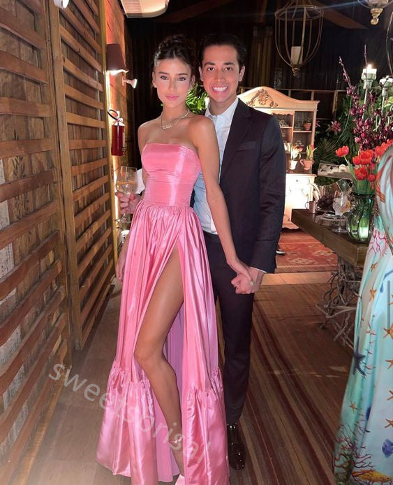 Gummy Pink  Strapless Side Slit A-line Floor Length Prom Dress,SWS2196