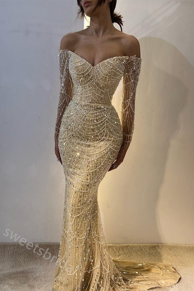 Sparkly V-neck Off Shoulder Mermaid Long Floor Length Prom Dress,SWS2336