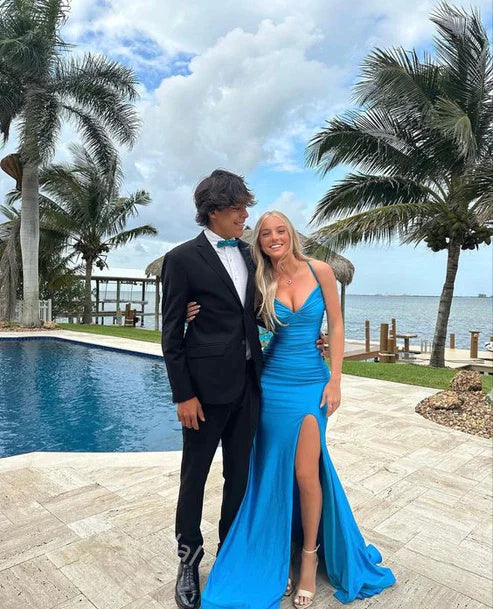 Blue V-neck Sleeveless Side Slit Mermaid Long Floor Length Prom Dress,SWS2364