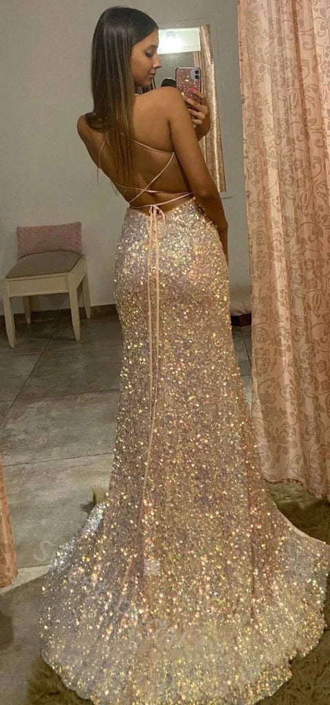 Sexy Spaghetti Straps V-neck Side Slit Mermaid Long Prom Dress,SWS2126