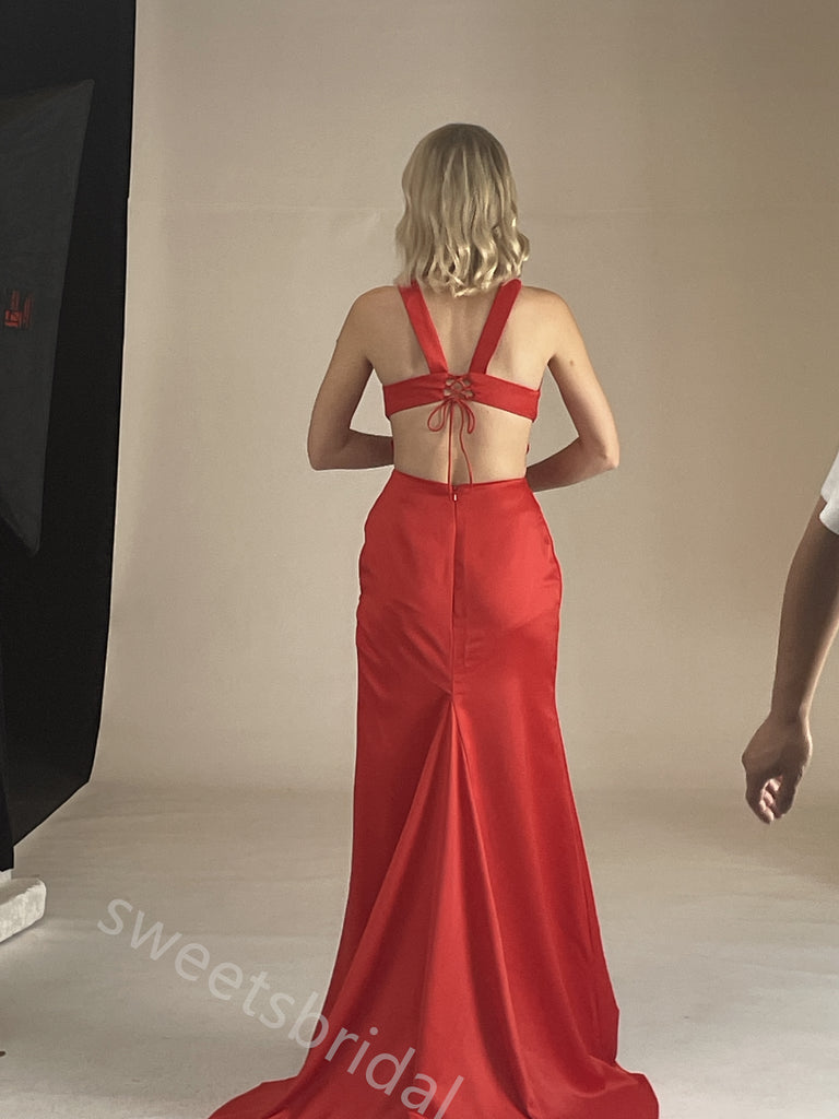 Red Halter Sleeveless Side Slit Mermaid Floor Length Prom Dress,SWS2416