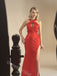 Red Halter Sleeveless Side Slit Mermaid Floor Length Prom Dress,SWS2416