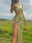 Moss Green Sparkly Sleeveless Side Slit  Mermaid Floor Length Prom Dress,SWS2195