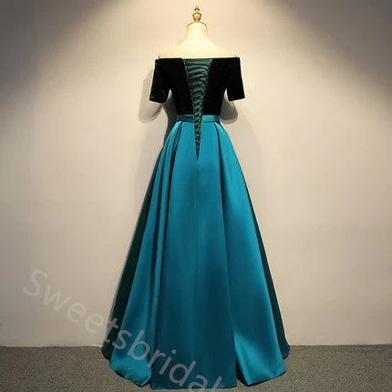 Elegant Off Shoulder Half Sleeves A-line Floor Length Prom Dress,SWS2172