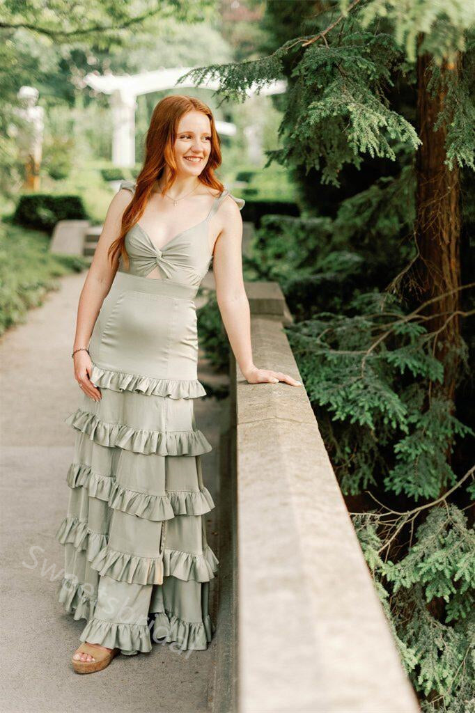 Sage Ruffle V-neck Side Slit Sleeveless A-line Long Floor Length Prom Dress,SWS2345