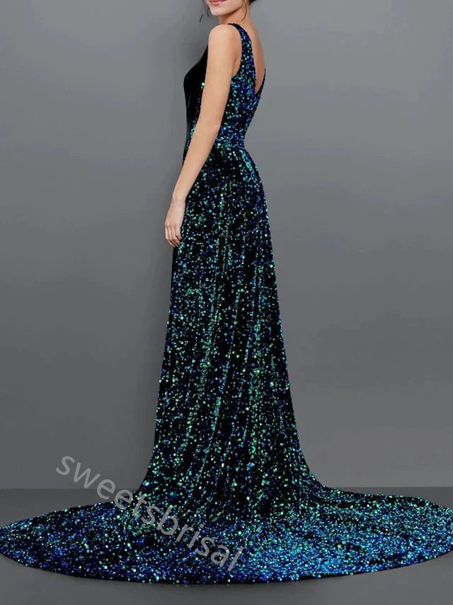 Black V-neck Sleeveless A-line Floor Length Prom Dress,SWS2215