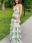 Sage Ruffle V-neck Side Slit Sleeveless A-line Long Floor Length Prom Dress,SWS2345