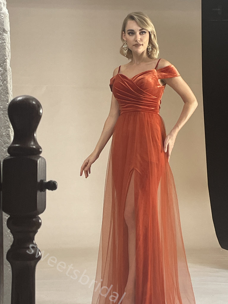 Sexy Off Shoulder Sleeveless Side Slit A-line Floor Length Prom Dress,SWS2396