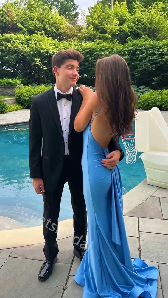 Ocean Blue Sleeveless V-neck Mermaid Floor Length Prom Dress,SWS2259