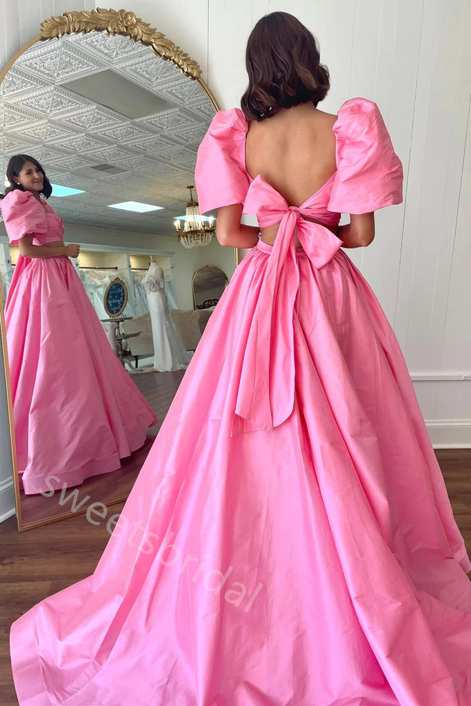 Two Pieces Square Sleeveless Side Slit A-line Floor Length Prom Dress,SWS2269