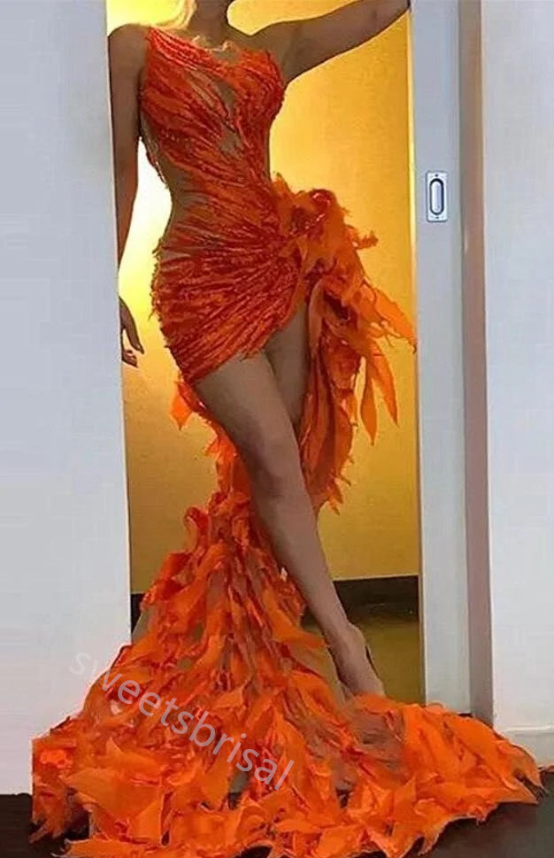Orange One Shoulder Sleeveless Mermaid High Low Prom Dress,SWS2218