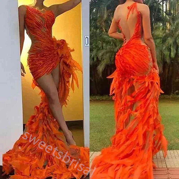 Orange One Shoulder Sleeveless Mermaid High Low Prom Dress,SWS2218