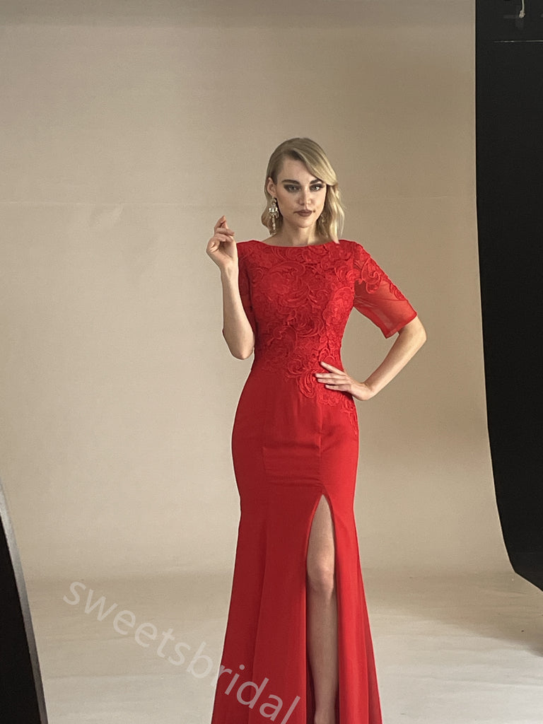 Red Half Sleeves Side Slit Mermaid Floor Length Prom Dress,SWS2418