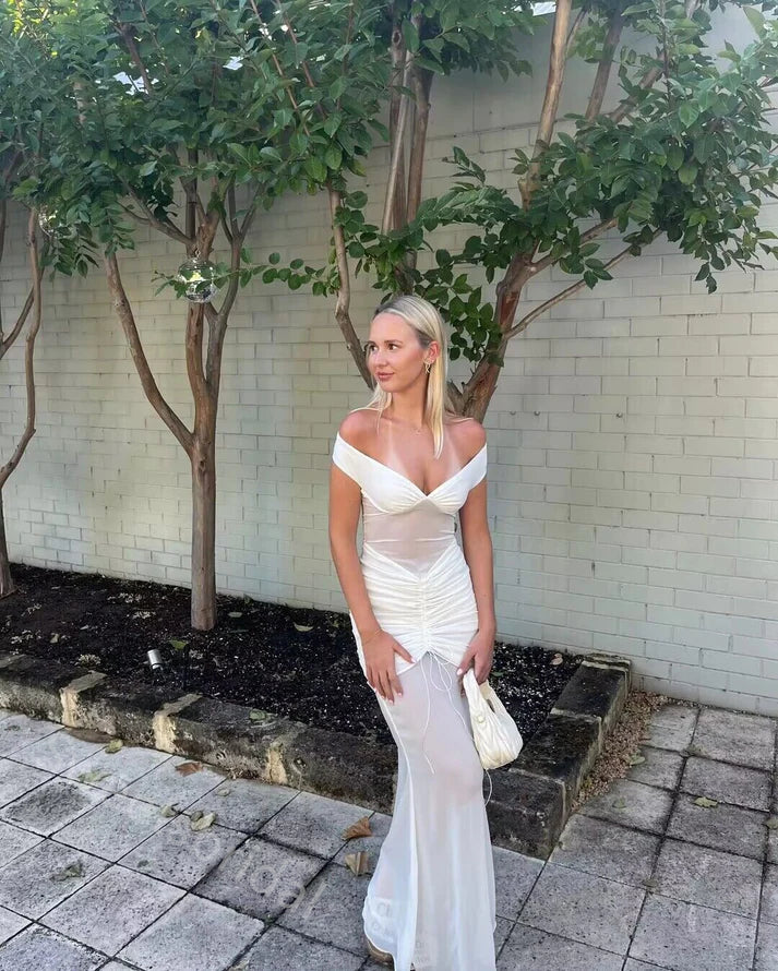 Ivory Off Shoulder V-neck Sleeveless Mermaid Long Floor Length Prom Dress,SWS2342