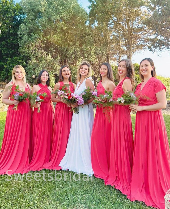 Mismatched Elegant V-neck Sleeveless A-line Long Bridesmaid Dressess, SWE1396