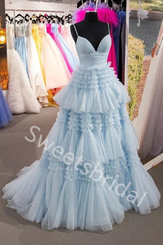 Blue Elegant V-neck Sleeveless A-line Long Prom Dress,SW2022