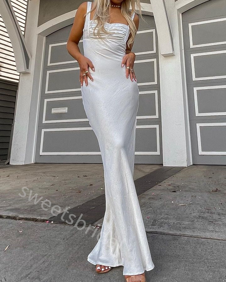 White Square Sleeveless Sheath Floor Length Prom Dress,SWS2247