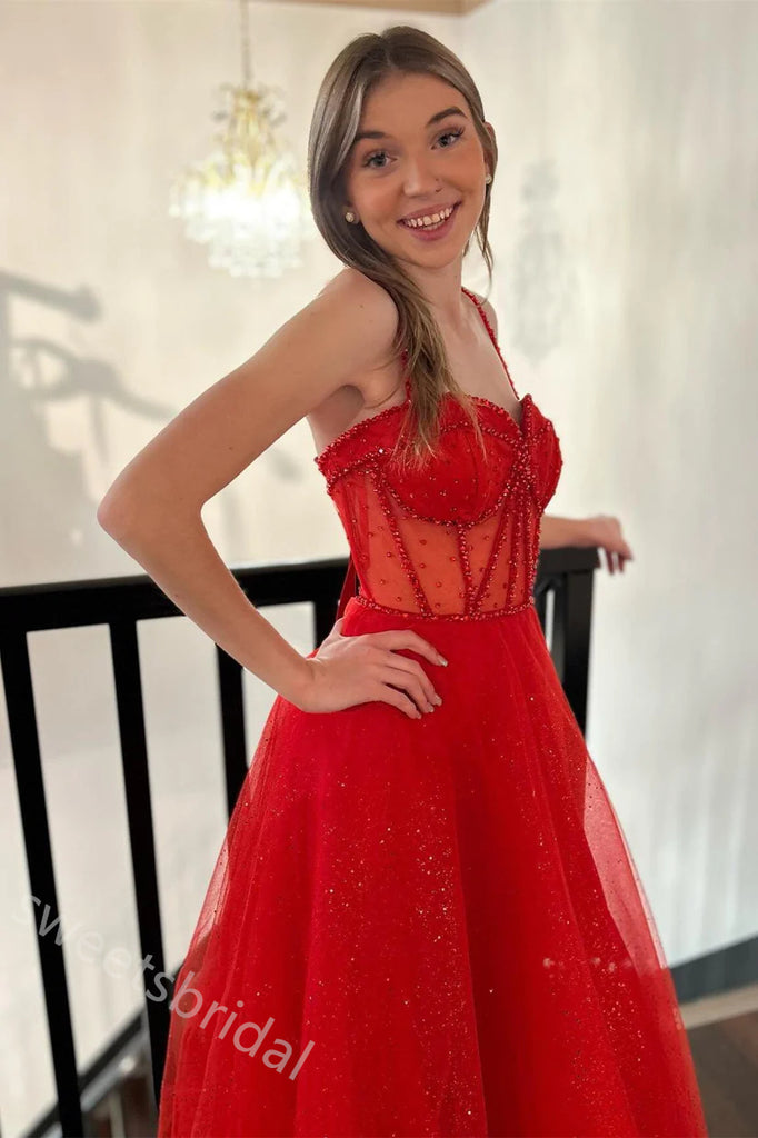 Red Sweetheart Sleeveless Side Slit A-line Long Floor Length Prom Dress,SWS2327