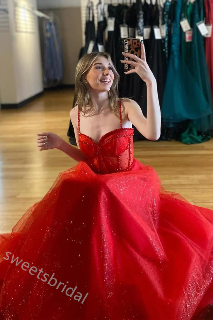 Red Sweetheart Sleeveless Side Slit A-line Long Floor Length Prom Dress,SWS2327