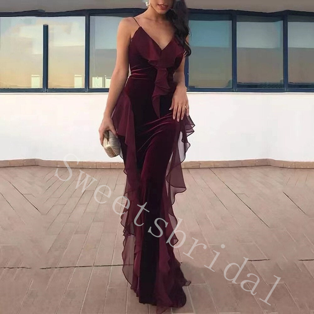 Elegant V-neck Sleeveless Ruffle Mermaid Long Prom Dress,SW2033