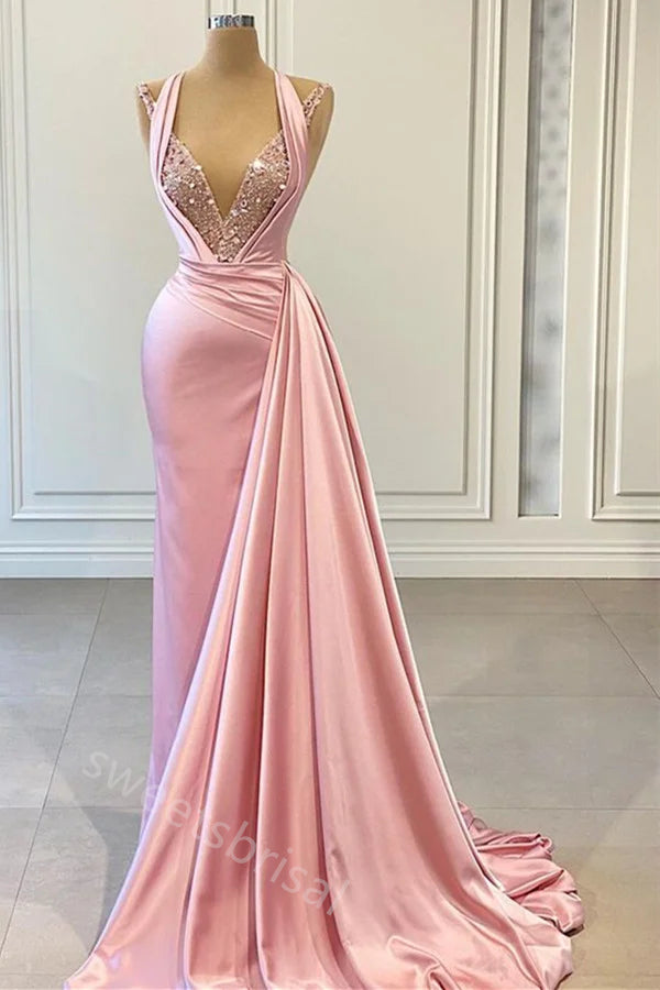Gummy Pink Halter Sleeveless Mermaid Floor Length Prom Dress,SWS2210