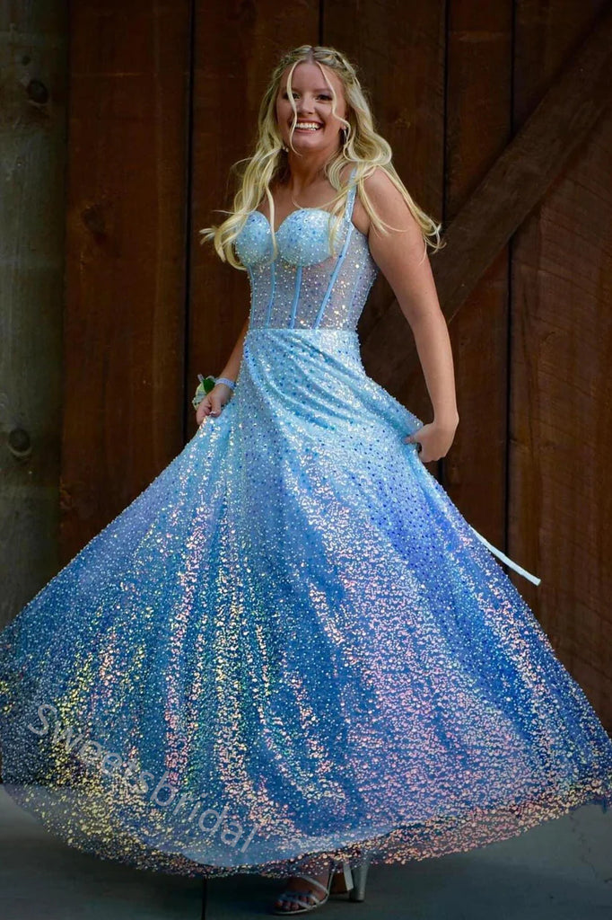 Sparkly Sweetheart Sleeveless A-line Long Floor Length Prom Dress,SWS2346