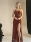 Brown V-neck Side Slit Sheath Long Bridesmaid Dresses, SWE1420