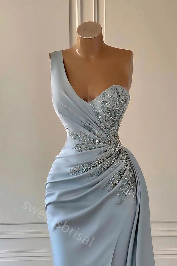 Baby Blue One Shoulder Sleeveless Mermaid Floor Length Prom Dress,SWS2211